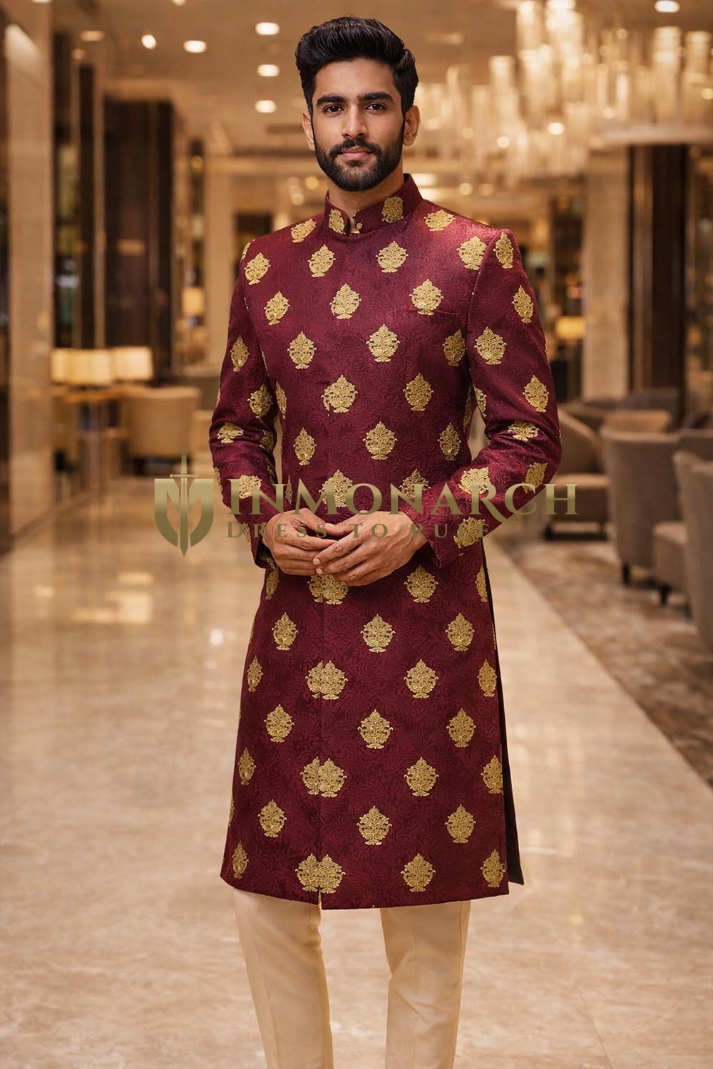 Mens Red 2 Pc Indo Western Outfit Groom Wedding Embroidered Attire