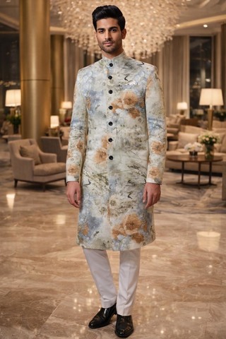 Mens Cream 3 Pc Sherwani for Groom Wedding Printed Designer Attire