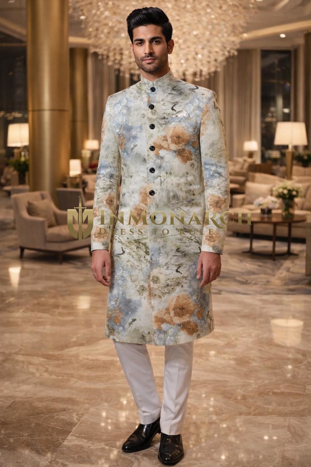 Mens Cream 3 Pc Sherwani for Groom Wedding Printed Designer Attire
