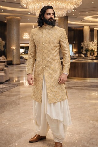 Sherwani indo-occidental brodé couleur bois clair