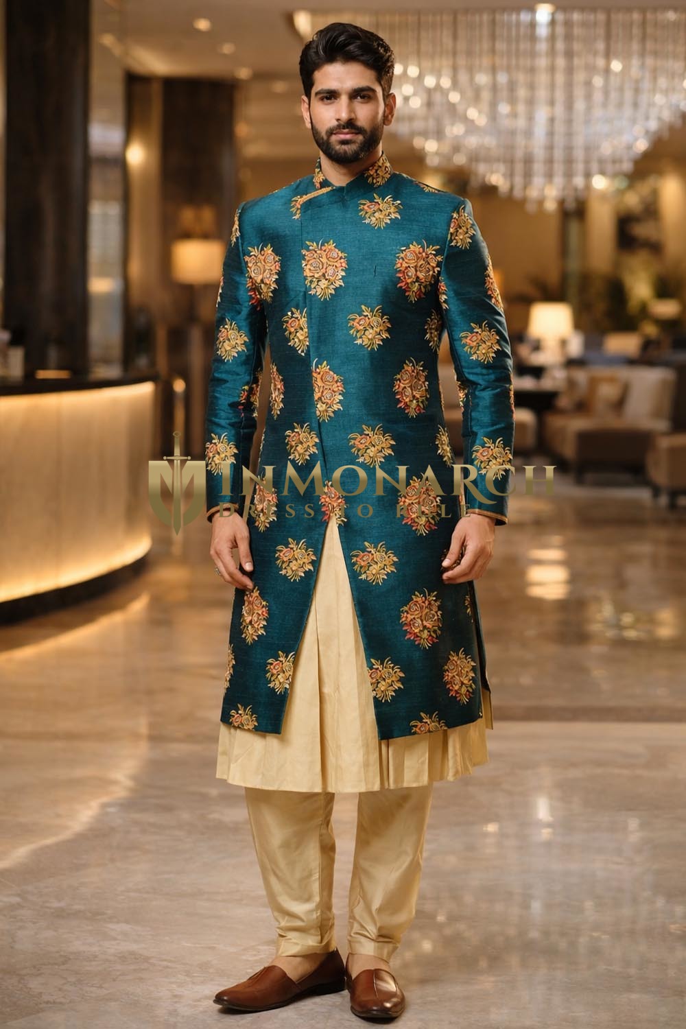 Bestickter Sherwani in Pfauenblau für Bräutigam