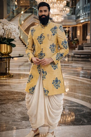 Sherwani jaune broderie bleu sarcelle