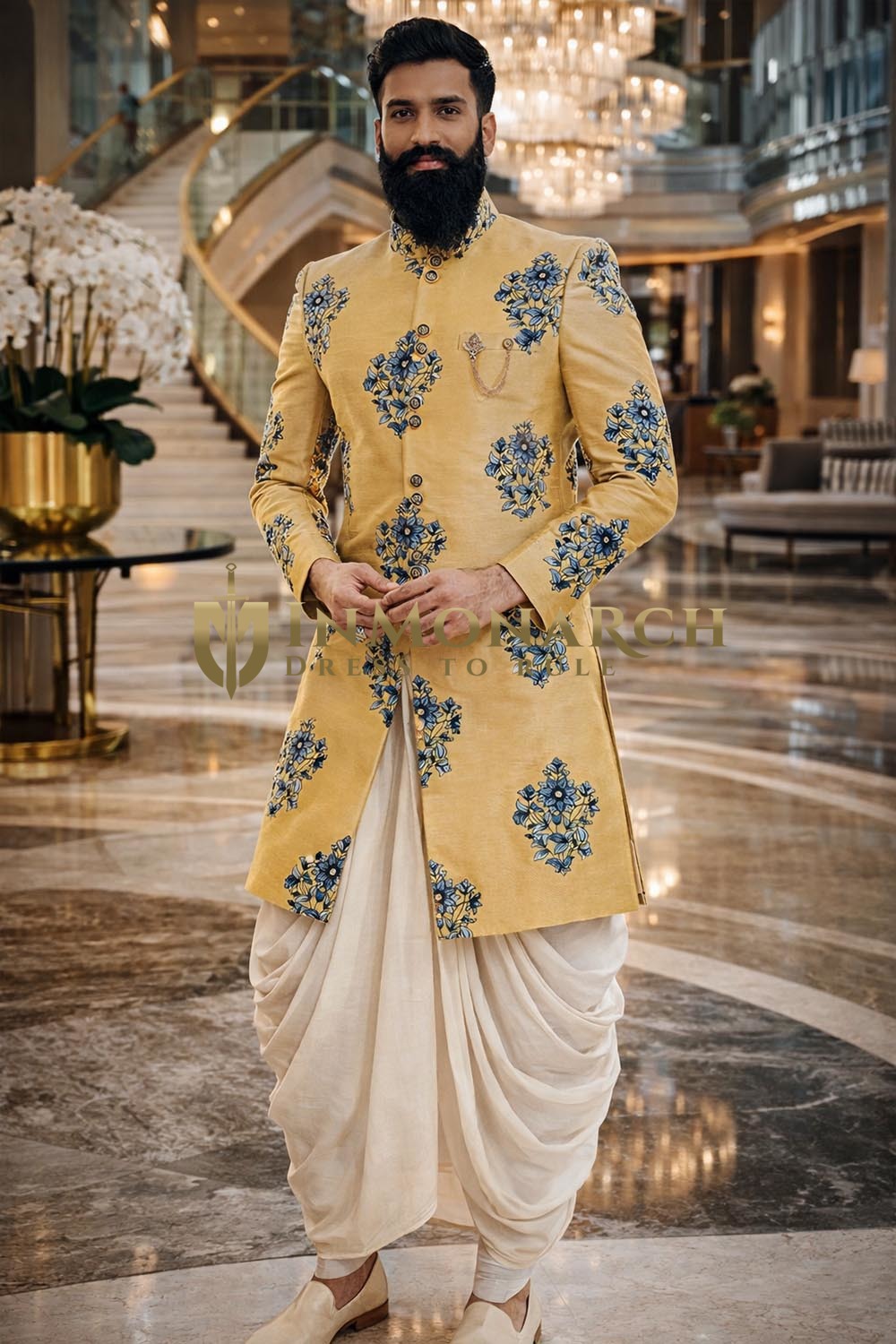 Sherwani jaune broderie bleu sarcelle
