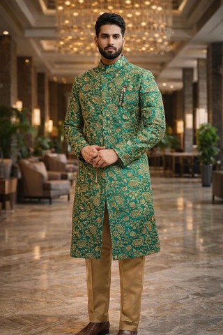 Mens Light Green 2 Pc Sherwani for Groom Wedding Designer Attire