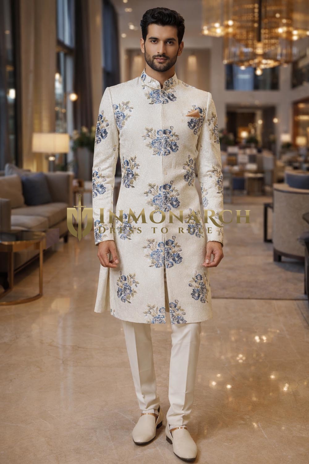 Sherwani de cérémonie crème brodé élégant
