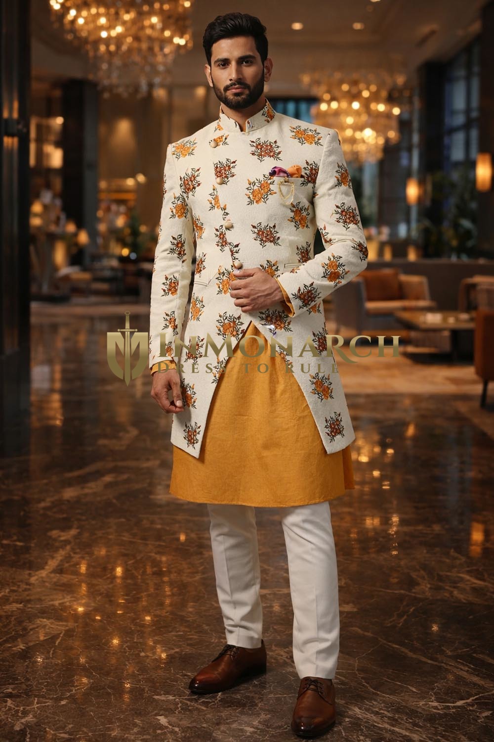 Mens Cream 4 Pc Indo Western Outfit Groom Wedding Angarakha Attire