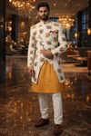 Mens Cream 4 Pc Indo Western Outfit Groom Wedding Angarakha Attire