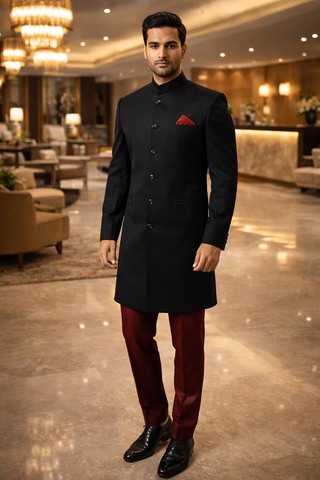 Black Partywear Wedding Sherwani for Men 3 Pc Indo Western Set