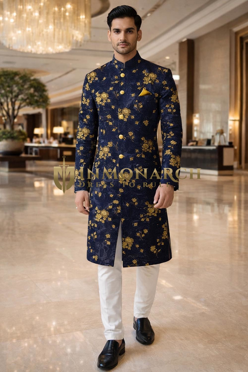 Mens Navy Blue 3 Pc Sherwani for Groom Wedding Embroidered Outfit Wear