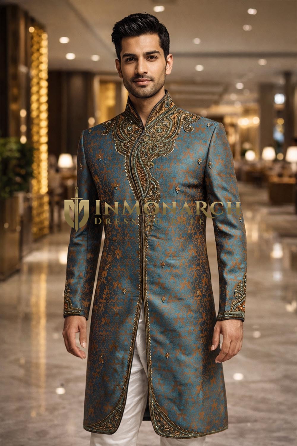 Mens Teal Green 2 Pc Sherwani for Groom Wedding Brocade Designer Wear