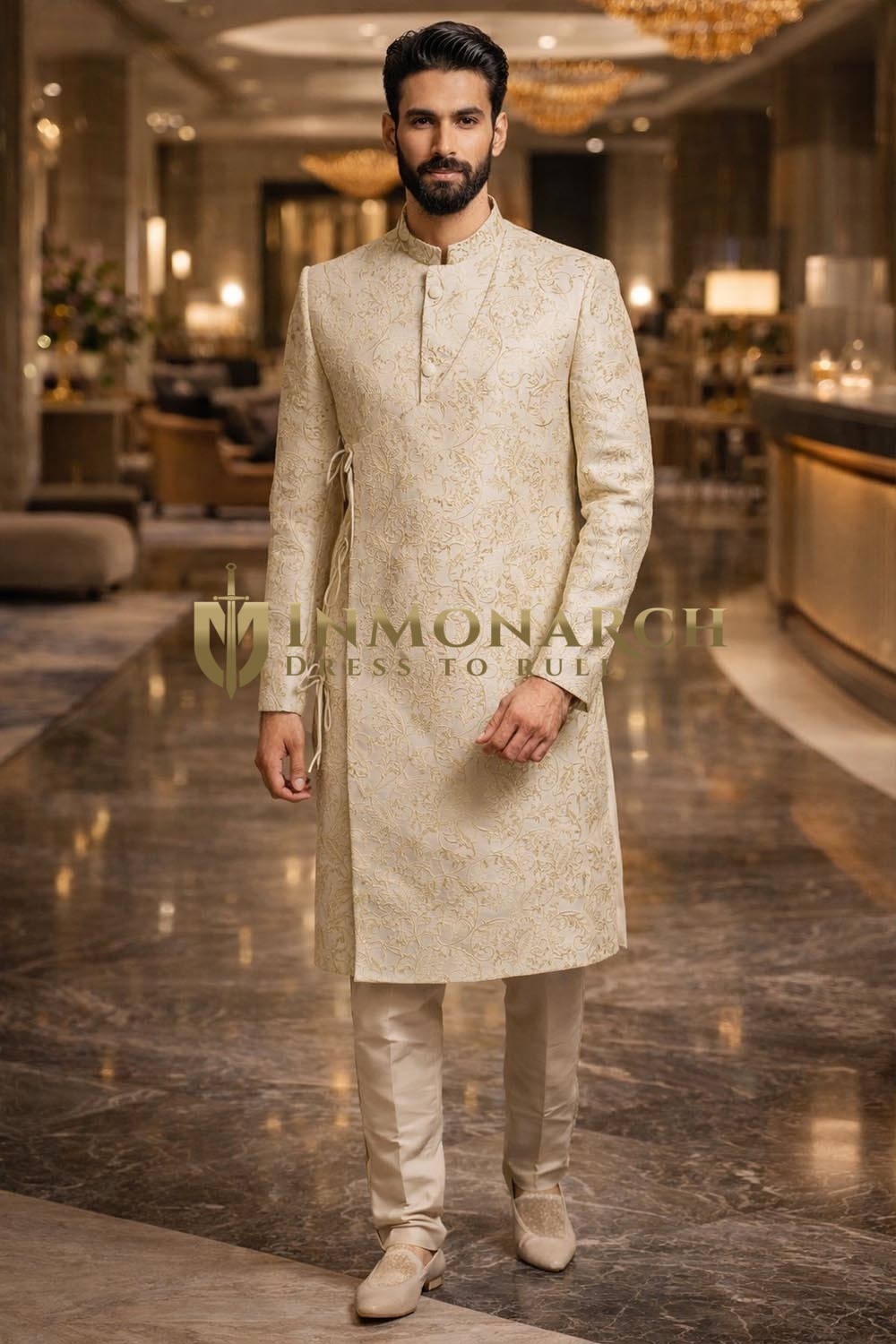 Mens Almond Sherwani for Groom Wedding Embroidered 2Pc Formal Outfit