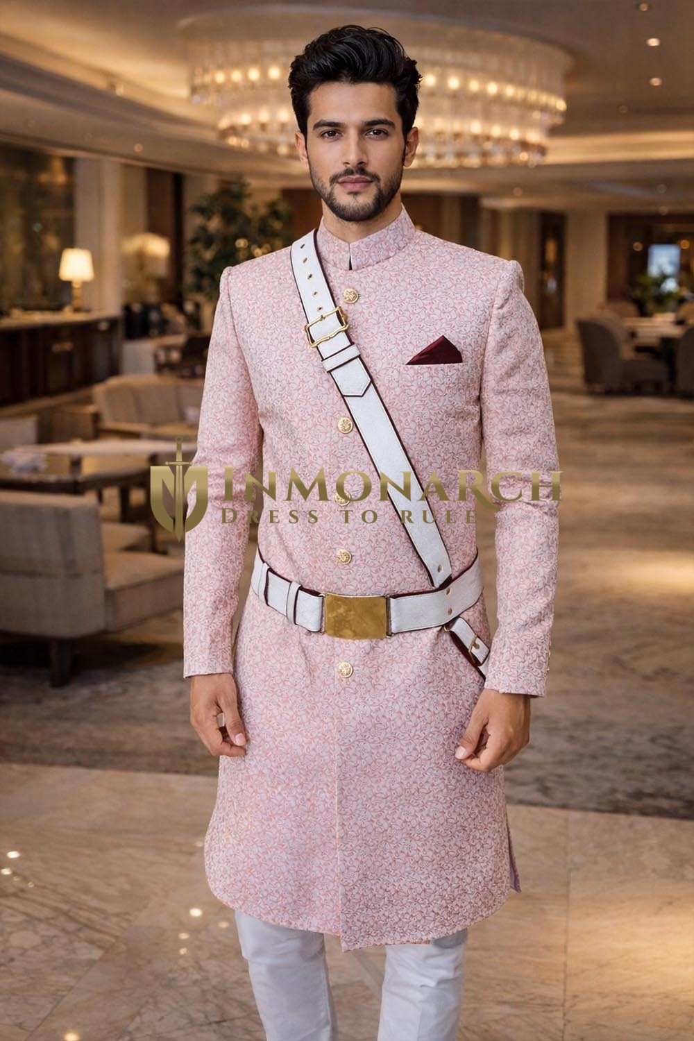 Sherwani marié mariage col mandarin rose