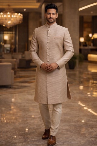 Mens Lavender Dupion Silk Sherwani 2Pc Groom Wedding Formal Ensemble Wear
