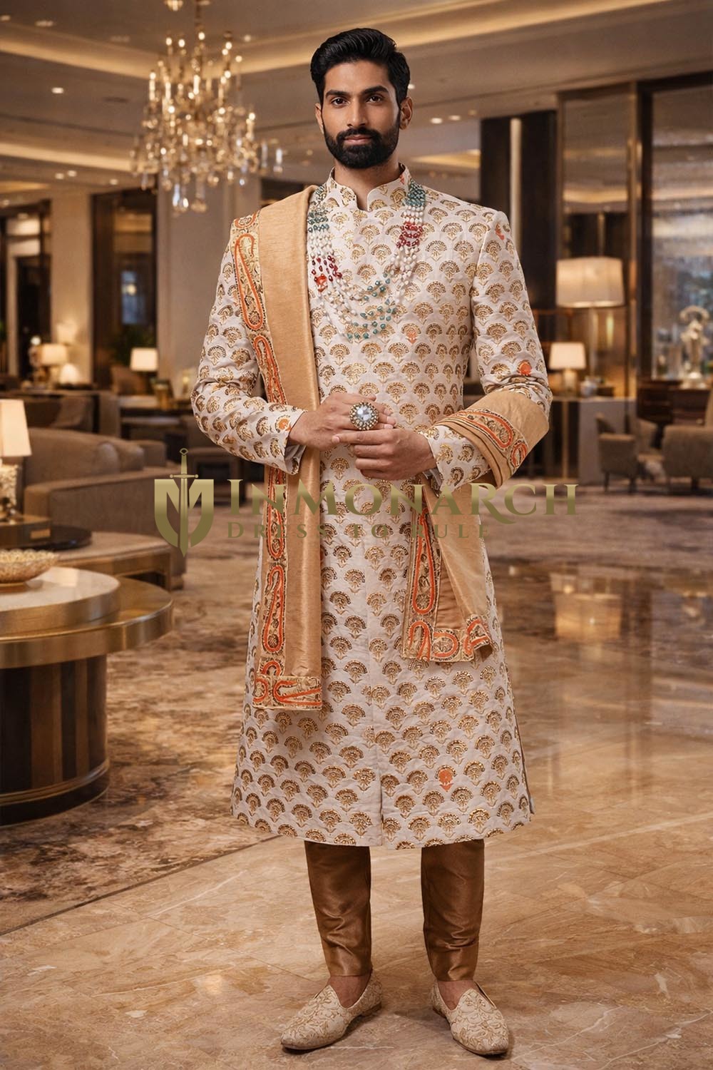 Mens Cream Embroidered Sherwani for Groom Wedding 2Pc Designer Attire