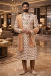 Mens Cream Embroidered Sherwani for Groom Wedding 2Pc Designer Attire