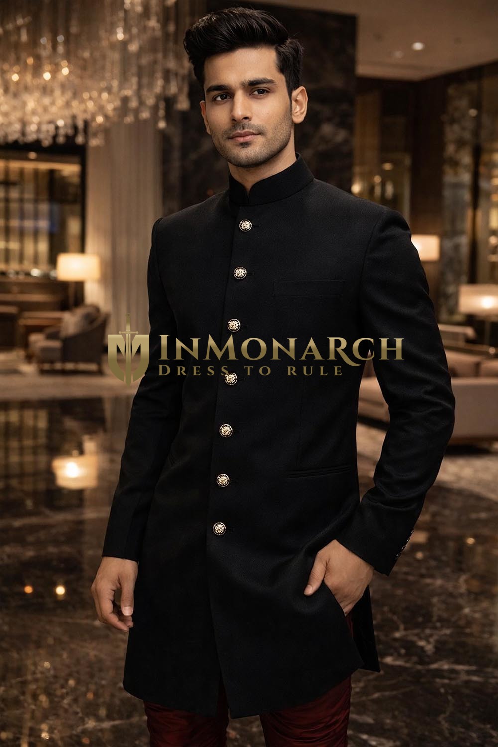Sherwani étnico negro 7 botones