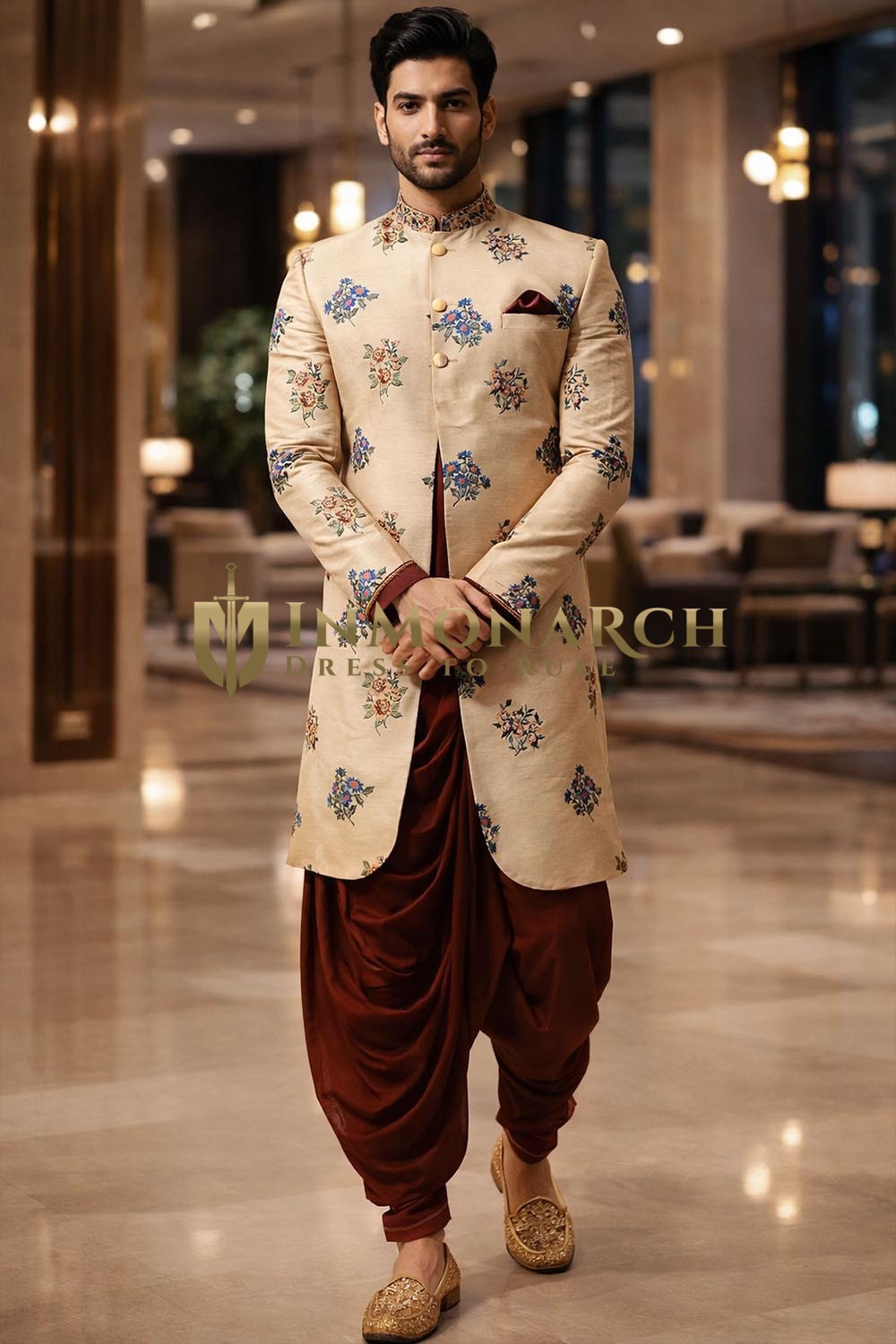 Mens Beige Indo Western Outfit Groom Wedding Thread 4Pc Sherwani Style