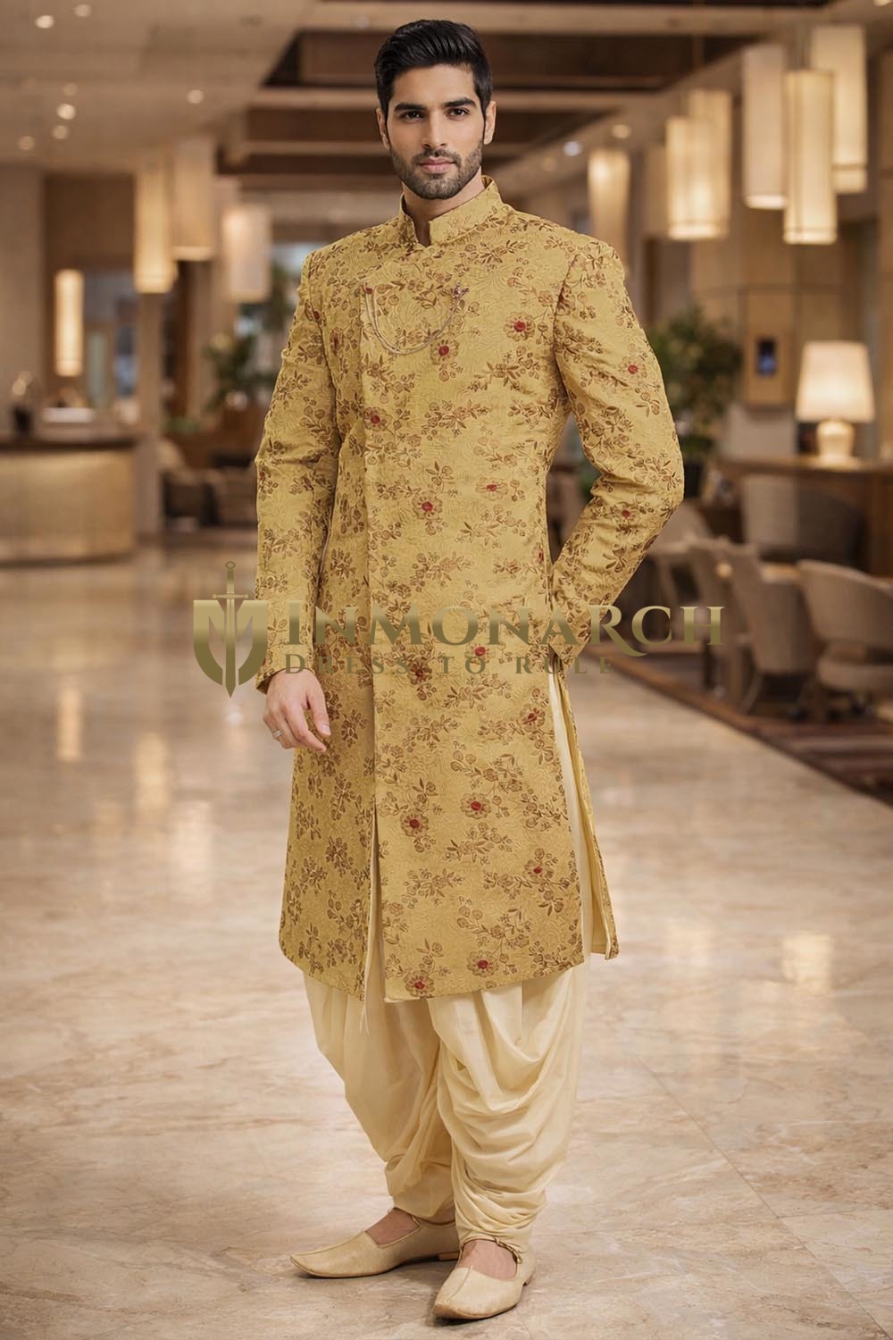 Mens Yellow Indo Western Outfit Groom Wedding Thread 3Pc Sherwani Style