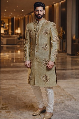 Indischer Sherwani oliv Stickerei Hochzeit