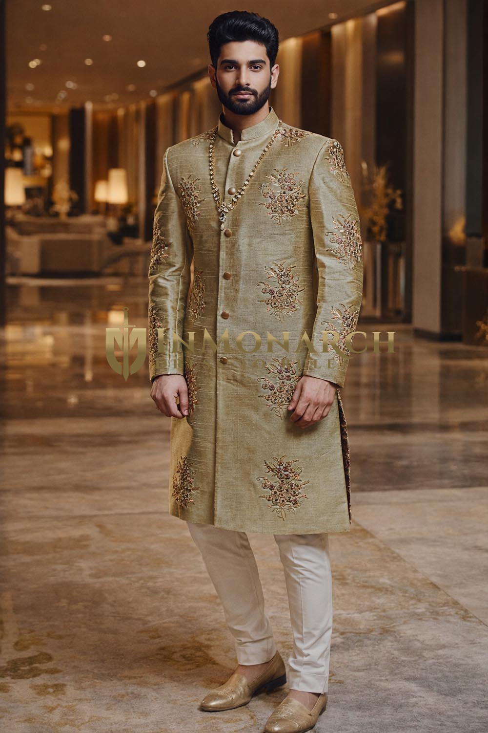 Indischer Sherwani oliv Stickerei Hochzeit