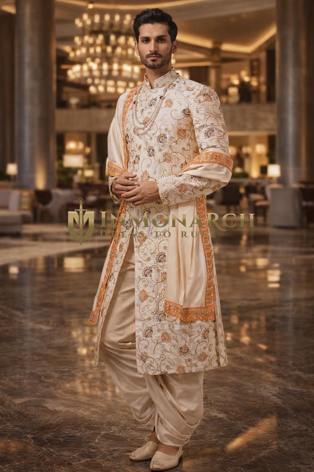 Mens Ivory Sherwani for Groom Wedding 2Pc Embroidered Dhoti Ensemble