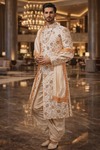 Mens Ivory Sherwani for Groom Wedding 2Pc Embroidered Dhoti Ensemble