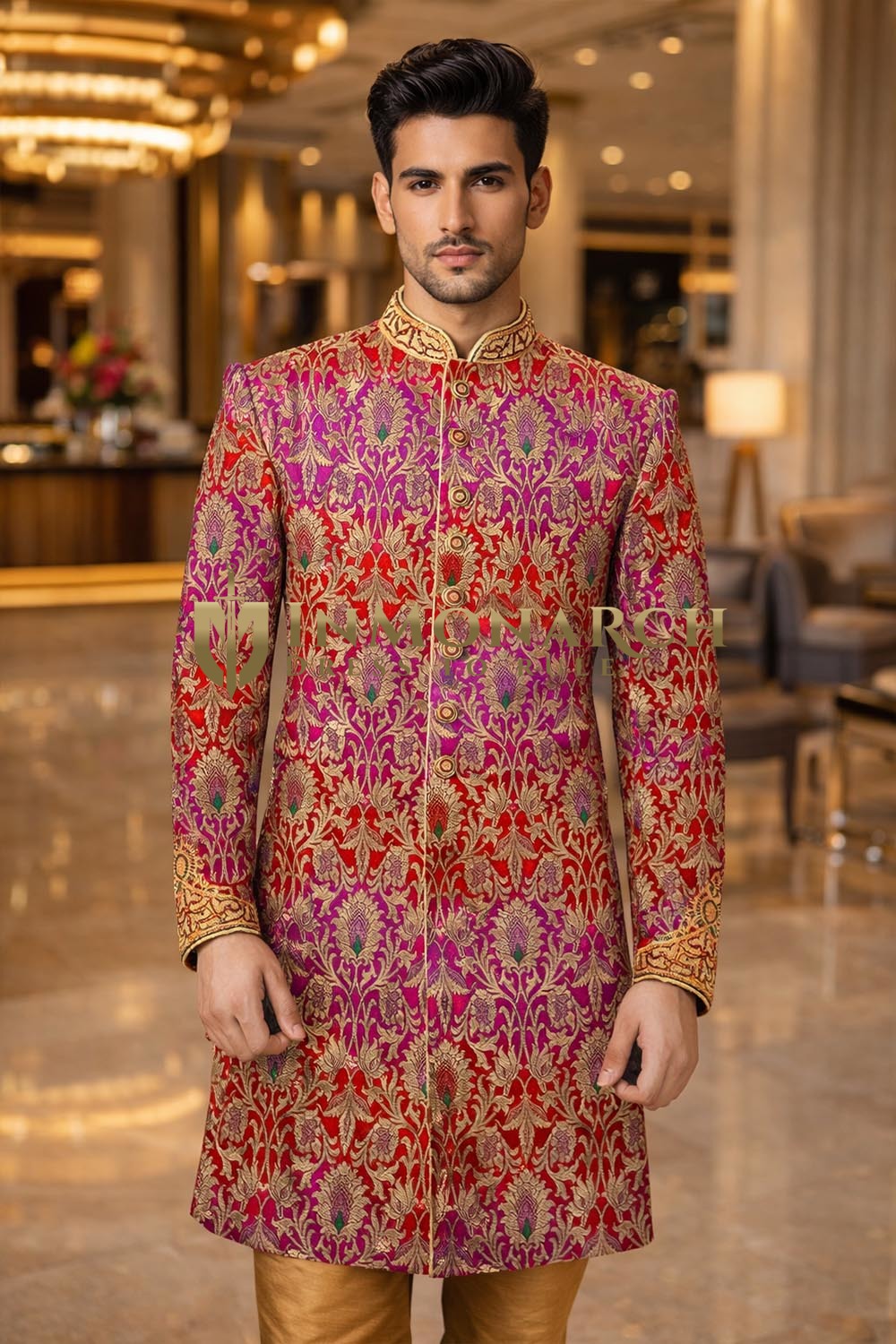 Mens Magenta Red Sherwani for Groom Wedding 2Pc Kheenkhap Designer Wear