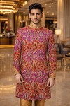 Mens Magenta Red Sherwani for Groom Wedding 2Pc Kheenkhap Designer Wear