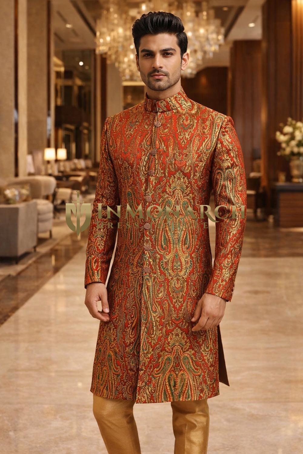 Sherwani rouge mariage 7 boutons