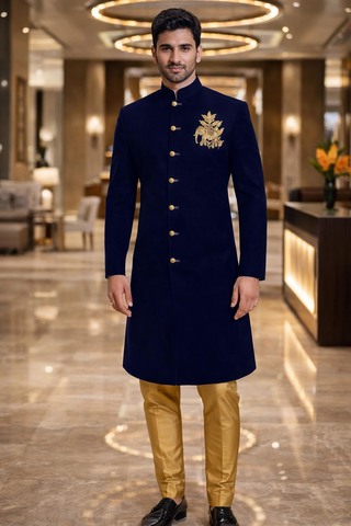 Sherwani azul étnico con elefantes