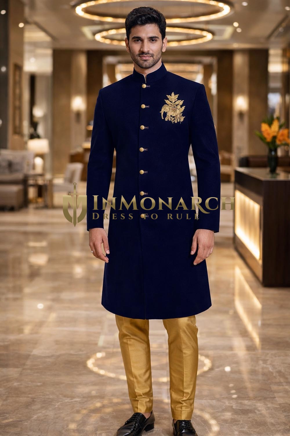 Sherwani azul étnico con elefantes