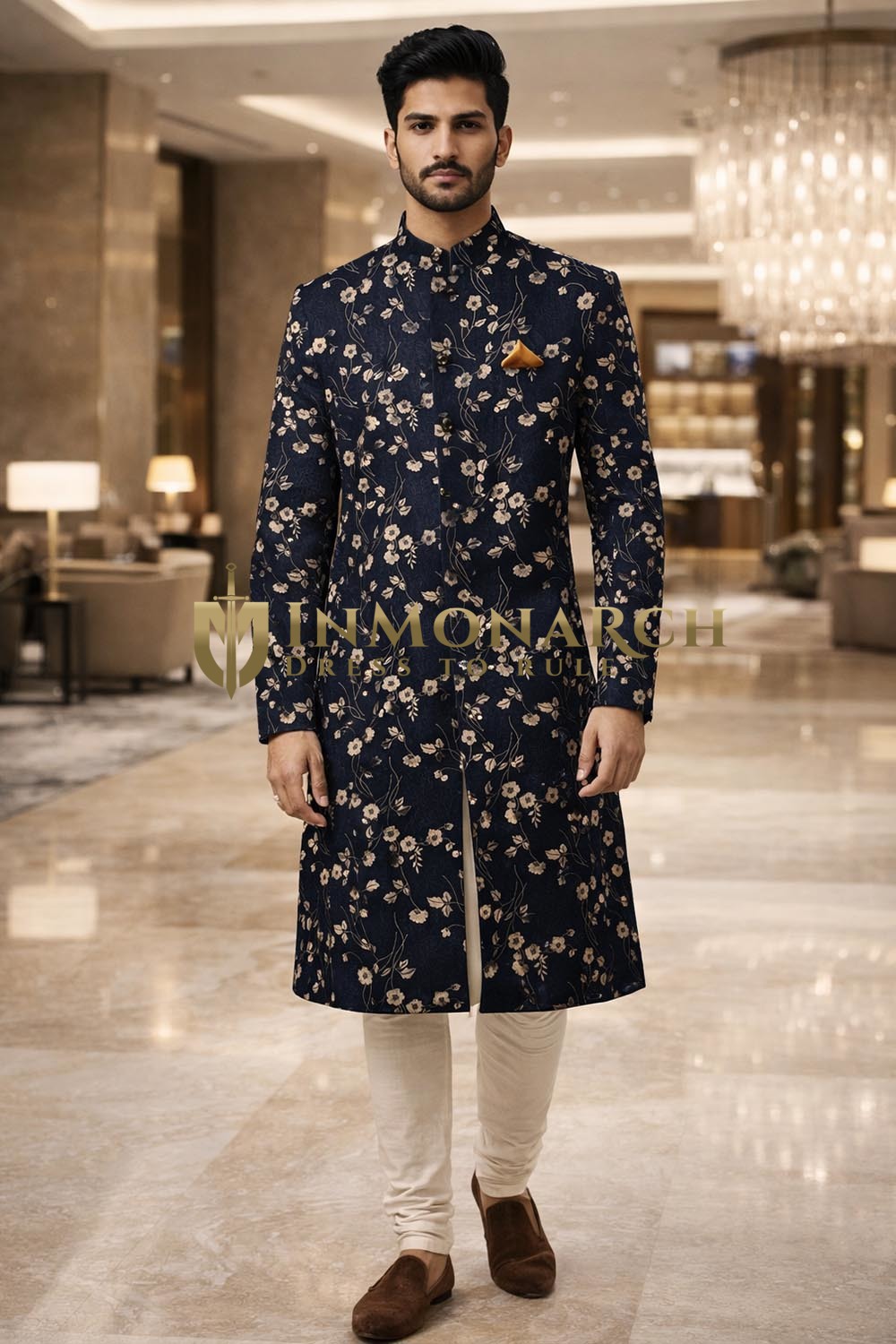 Mens Black Printed Sherwani for Groom Wedding 3Pc Designer Attire Set