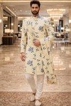 Mens Ivory Blue Thread Embroidered Sherwani 2Pc Indowestern Wedding Set