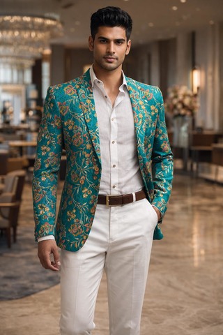 Mens Teal Floral Embroidered Blazer Slim Fit Notch Lapel Jacket Formal