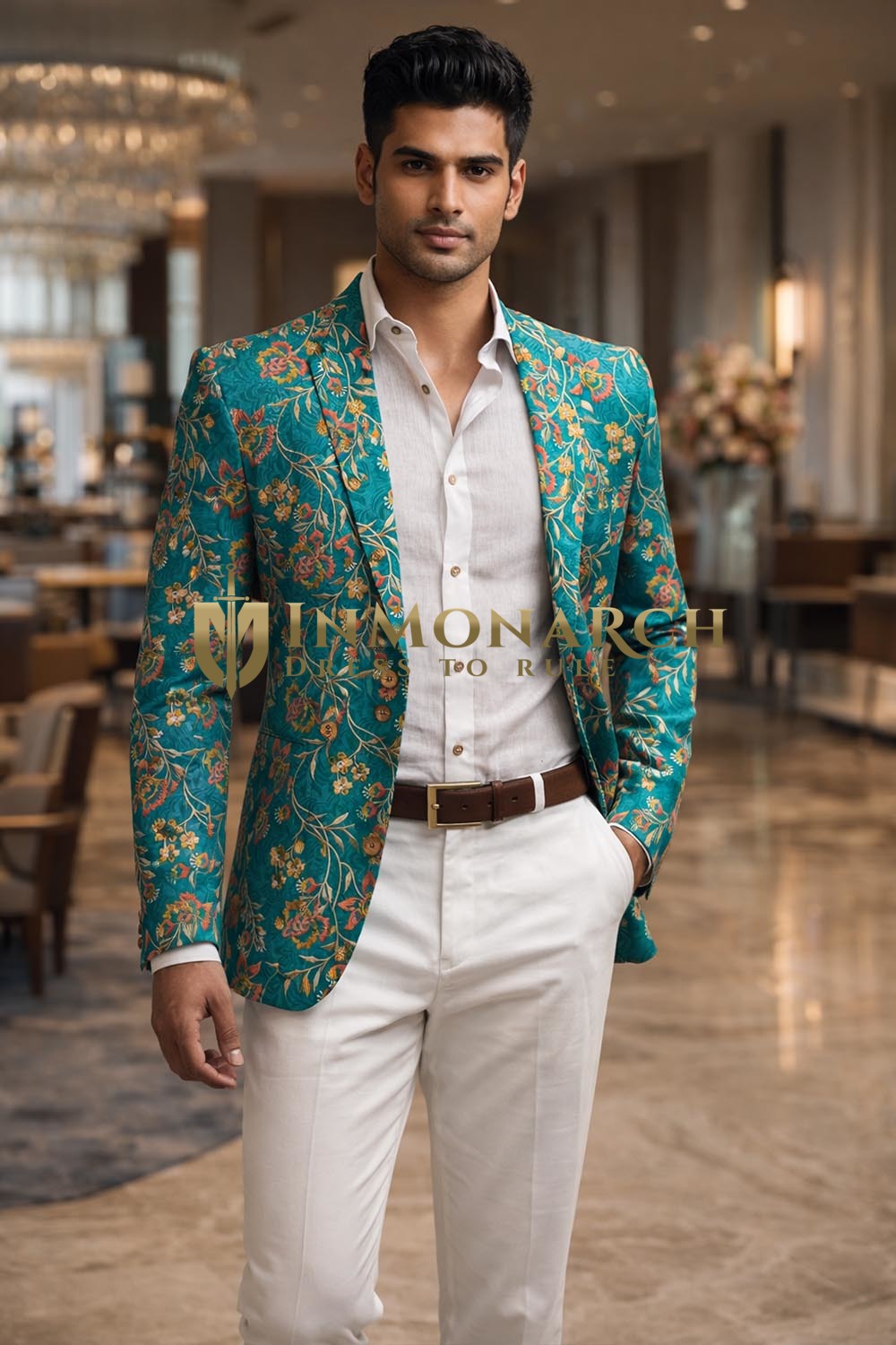 Mens Teal Floral Embroidered Blazer Slim Fit Notch Lapel Jacket Formal