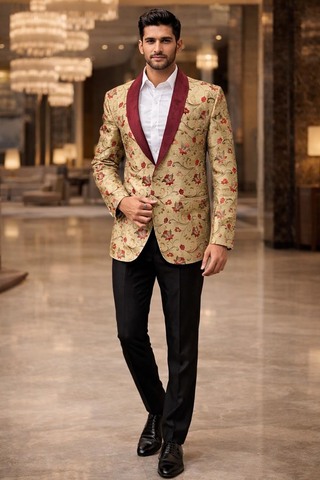 Veste dorée pour homme avec broderie florale rouge