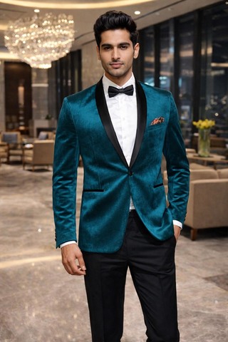 Mens Teal Velvet Shawl Lapel Tuxedo Blazer Slim Fit Formal Jacket