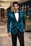 Blazer en velours teal avec col châle à un bouton pour homme