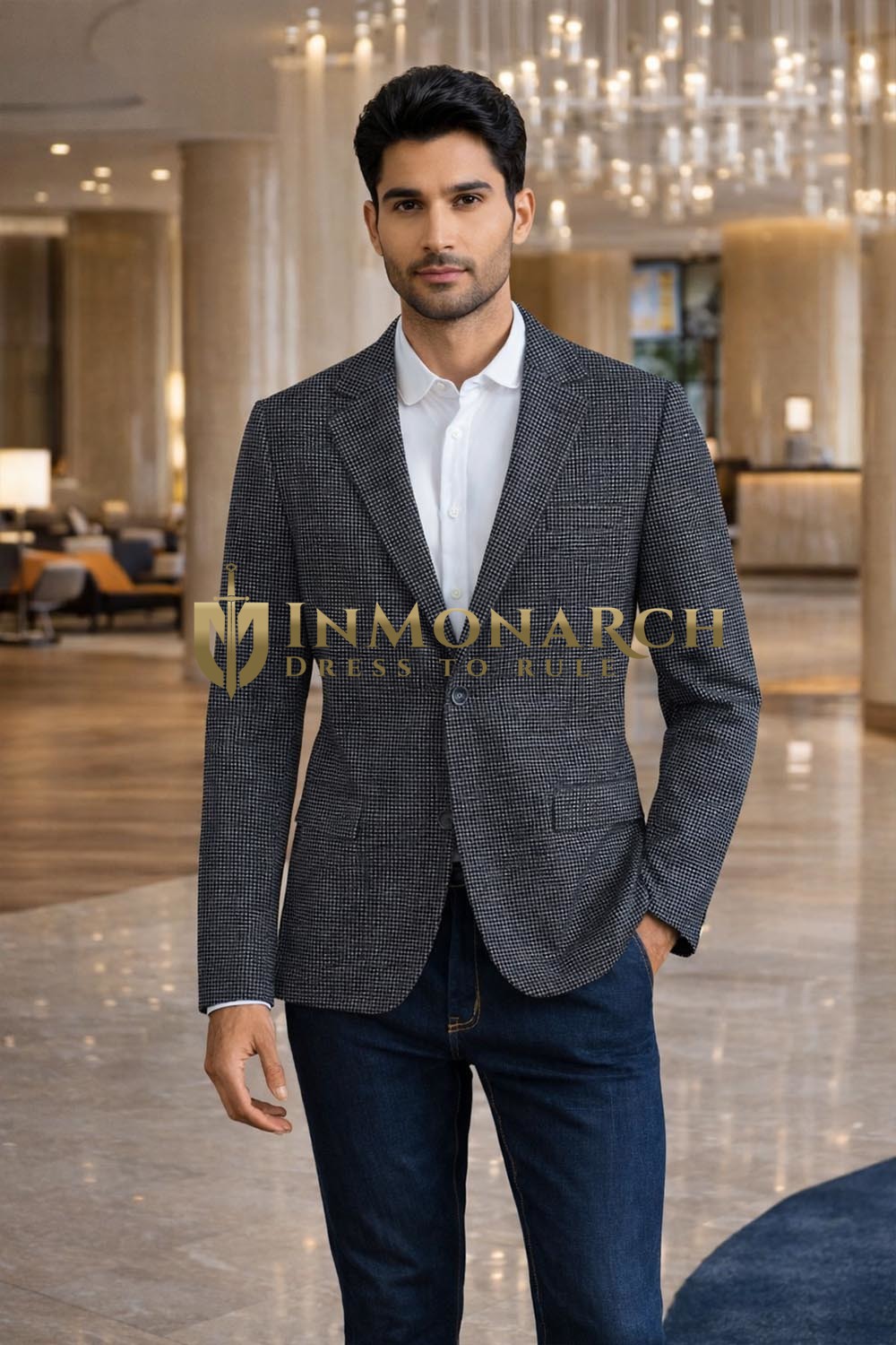 Veste homme en tweed à carreaux noirs