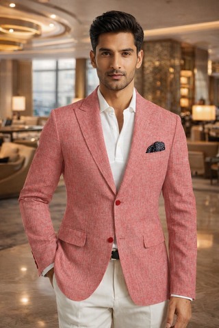 Mens Red Linen Peak Lapel Blazer Slim Fit Casual Semi Formal Jacket