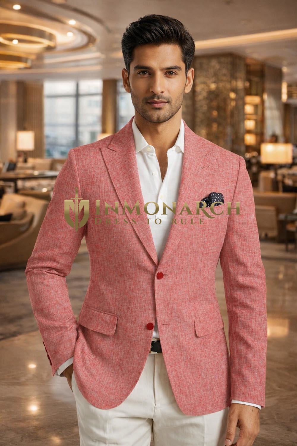 Mens Red Linen Peak Lapel Blazer Slim Fit Casual Semi Formal Jacket