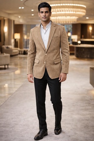 Mens Tan Corduroy Blazer Classic Two Button Tailored Fit Sport Jacket