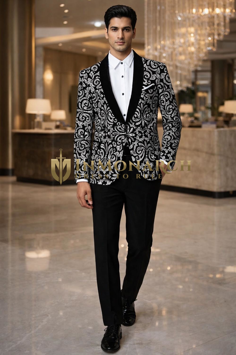 Mens Black Velvet Floral Shawl Lapel Tuxedo Blazer Slim Fit Party Jacket