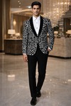Mens Black Velvet Floral Shawl Lapel Tuxedo Blazer Slim Fit Party Jacket