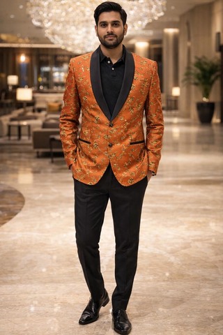 Blazer orange col châle satin homme