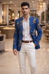 Mens Blue Dupion Silk Blazer Peacock Embroidered Wedding Party Jacket
