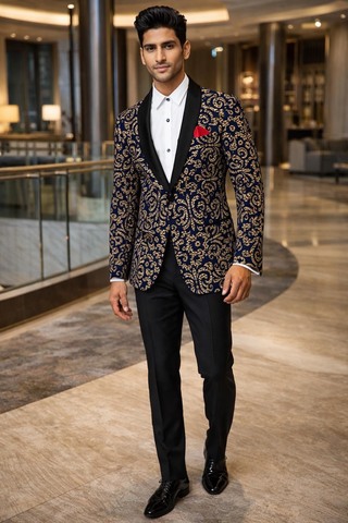 Blazer bleu marine velours floral slim fit