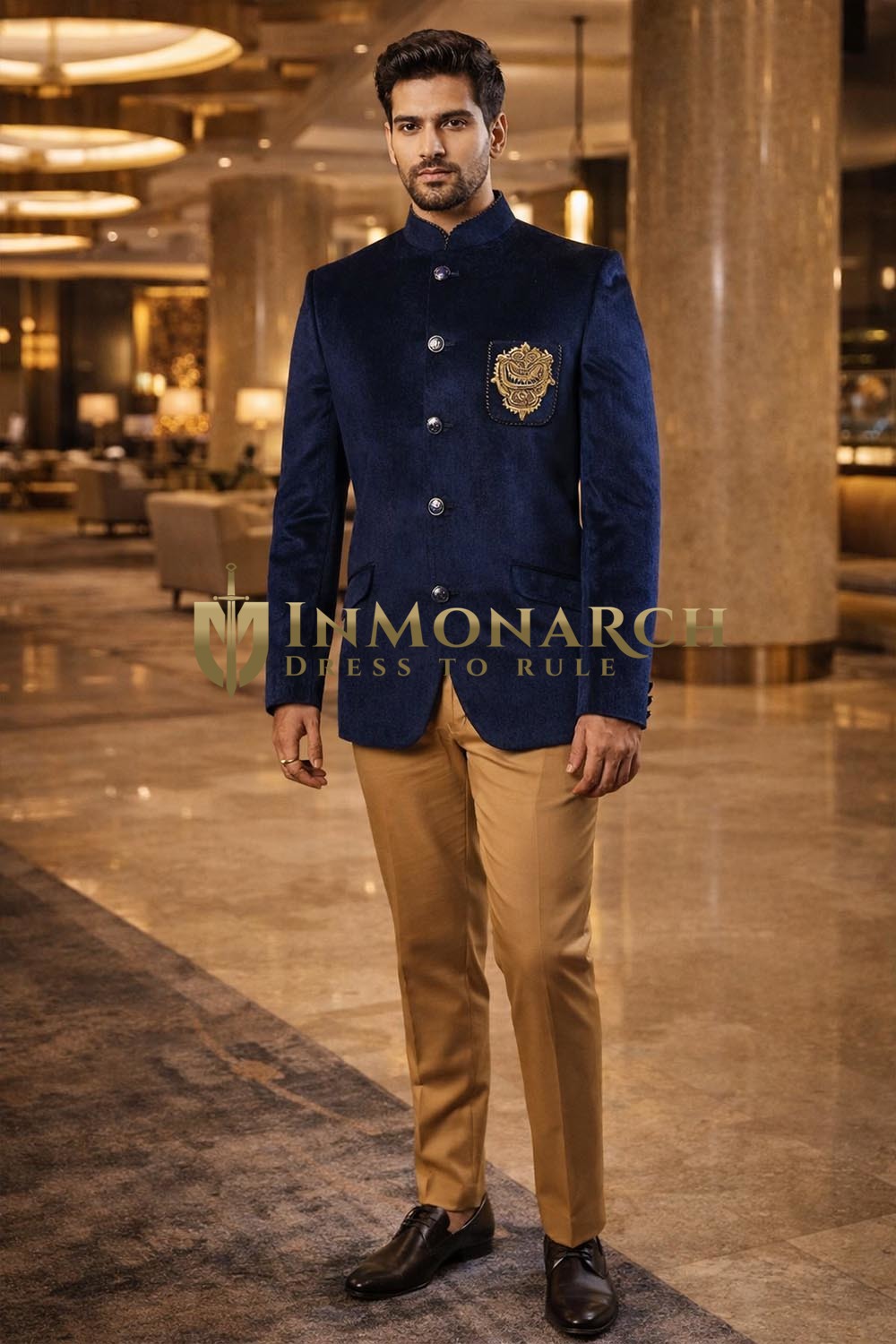 Blazer azul marino bordado bolsillo cuello nehru 5 botones
