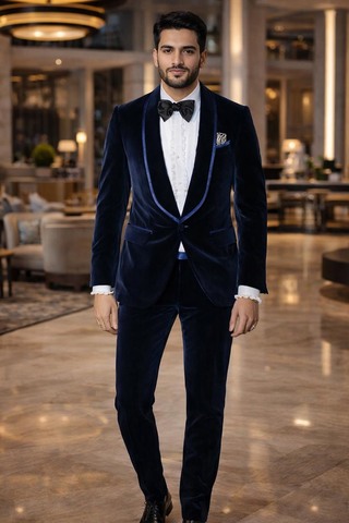 Slim Fit Samtblazer Navyblau Ein-Knopf