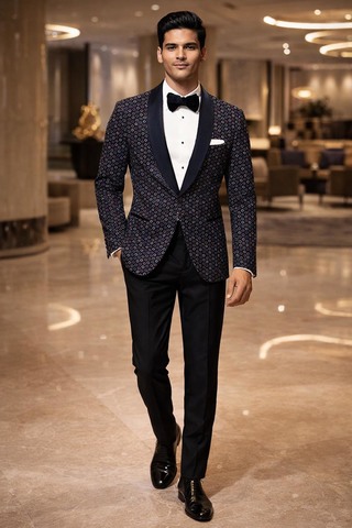 Blazer bleu marine motifs cercles satin noir col châle